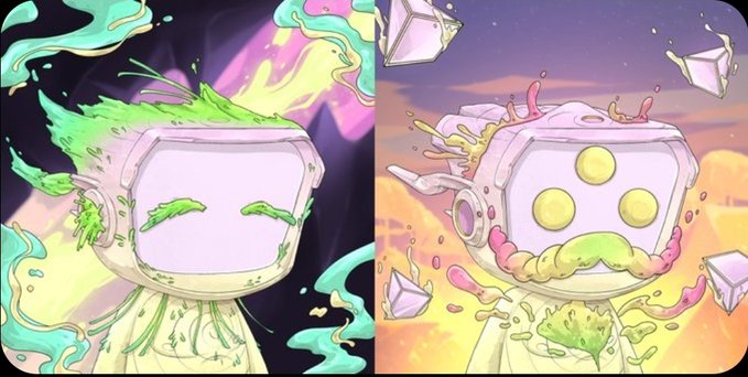 Two artistic renderings of helmeted characters with green flame-like effects emanating from them; the left shows a figure with a single eye slit while the right shows one with three yellow circular eyes and colorful liquid splashes.