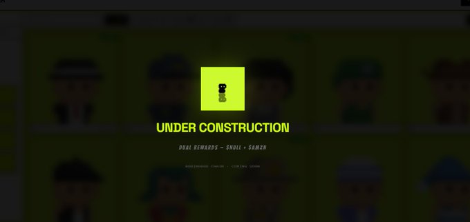 A neon yellow popup overlay displaying "UNDER CONSTRUCTION" with "DUAL REWARDS - SWOIL - SMRTR" text appears over a blurred grid of pixel art characters, illustrating the site's unfinished state and supporting the post's concern about the Null Brokers team's sudden silence and stalled staking countdown.