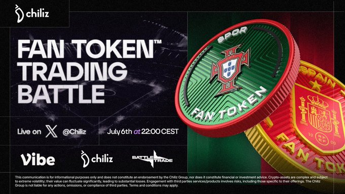 A promotional graphic for the first-ever Fan Token™ Trading Battle, featuring Portugal and Spain cryptocurrency fan tokens ($POR and $SPAIN), scheduled for July 6th at 22:00 CEST and streamed live on X @Chiliz in partnership with Vibe and Battle of the Trade. The image showcases the green Portuguese and red Spanish fan token coins, tying directly to the Portugal vs. Spain match that serves as the backdrop for the live trading competition.