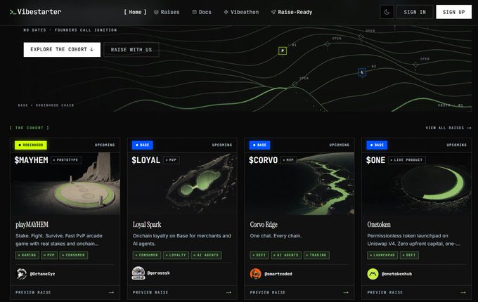 A screenshot of the Vibestreamer website displaying a crypto fundraising platform with active raises like $MAYHEM (Base), $LOYAL, $CORVO, and $ONE.