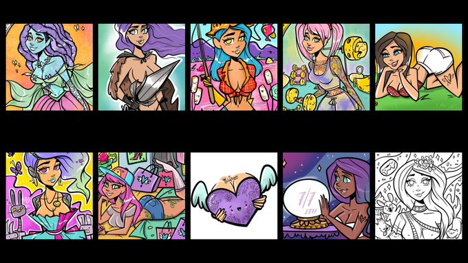 A collection of cartoon-style illustrations featuring various female characters with purple and pink hair in different settings, including one showing a '1/7 BIRTHDAY' celebration.