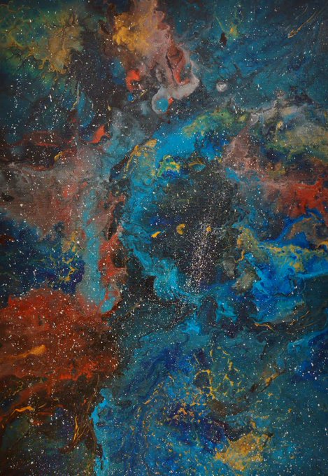 A vibrant abstract painting featuring swirling blues, fiery oranges, and speckled white accents resembles a cosmic nebula, fittingly titled "The Bubble Nebula" by owner xvx_eth. The fluid, celestial composition evokes the look of interstellar gas clouds bursting through space.