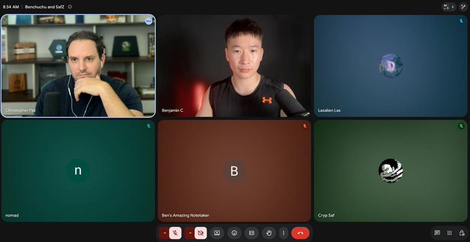 A video call interface titled "8:34 AM | Benchuchu and SatZ" shows six participants, with two visible on camera ("Christopher Berkuchu" and "Benjamin C") and others displayed as avatars or initials ("LaseBen Las," "nomad," "Ben's Amazing Notetaker," "Cryp Sir"). The image likely represents the live call referenced, where the @RYFTCORP team discussed their AI-native game engine, Steam beta launch, and upcoming token release.