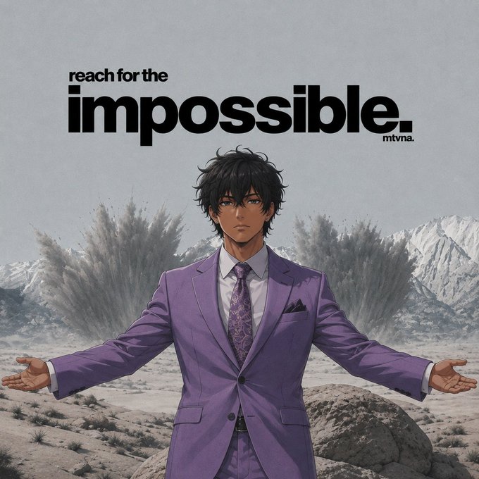 An anime-style character with messy black hair wearing a purple suit, standing with arms outstretched in a desert landscape with mountains, accompanied by the text 'reach for the impossible. mtvna.'