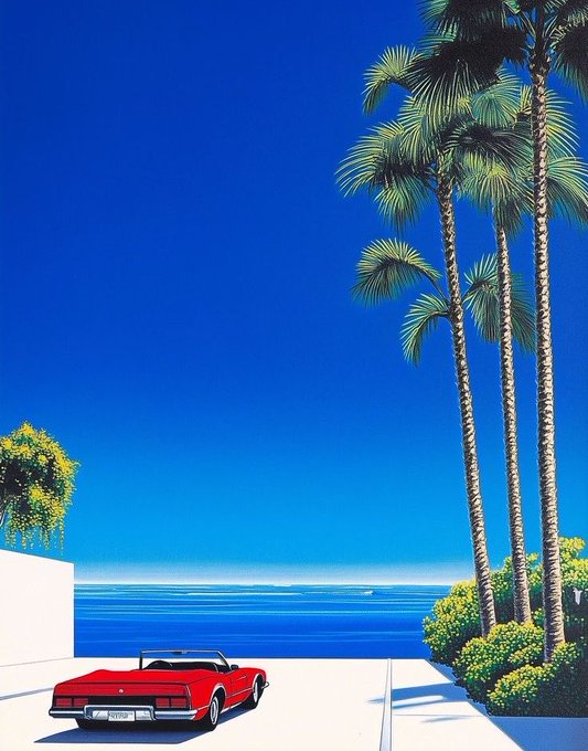 A vibrant retro-style illustration depicting a red convertible car parked on a white terrace overlooking a blue ocean, framed by tall palm trees under a clear sky.