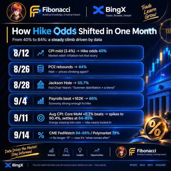 Fibonacci/BingX infographic titled 'How Hike Odds Shifted in One Month,' showing the progression from 40% to 84% probability based on CPI, PCE, Jackson Hole, payrolls, and CME FedWatch data.