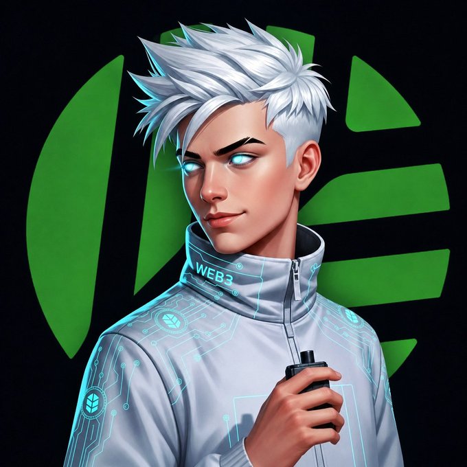 A digital illustration of a young man with spiky white hair and glowing cyan eyes, wearing a futuristic white jacket labeled 'WEB3' with circuit patterns, set against a green circular logo background.