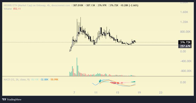 A TradingView stock chart for ticker HOOKR/ETH (Market Cap) showing a price decline to 376.72K (-2.66%) on a 4h timeframe, with volume bars and a MACD indicator below.
