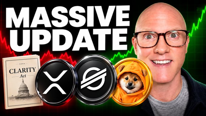 A YouTube thumbnail featuring a bald man with glasses next to the large text 'MASSIVE UPDATE', with images of 'CLARITY Act', XRP, Stellar, and a dog in a Shiba Inu coin.