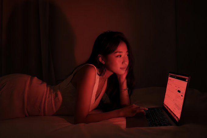 The image features a woman lying down on a bed with a laptop open in front of her. She appears to be using the laptop, possibly browsing or working on something related to Bitcoin markets. The background shows that she is in a dark room, which could indicate that she is indoors and not outside.