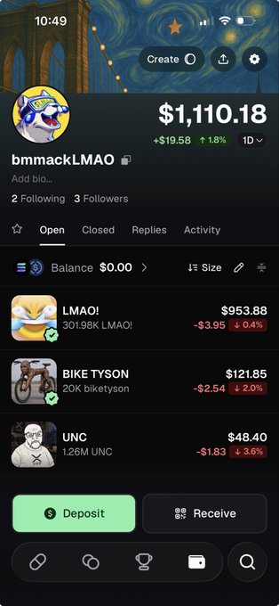 The image shows a Phantom wallet portfolio belonging to "bmmackLMAO" with a total balance of $1,110.18, displaying holdings including 301.98K LMAO ($953.88), 20K biketyson ($121.85), and 1.26M UNC ($48.40)—illustrating the user's post about holding $LMAO after the community gifted them crypto following past trading losses driven by greed.