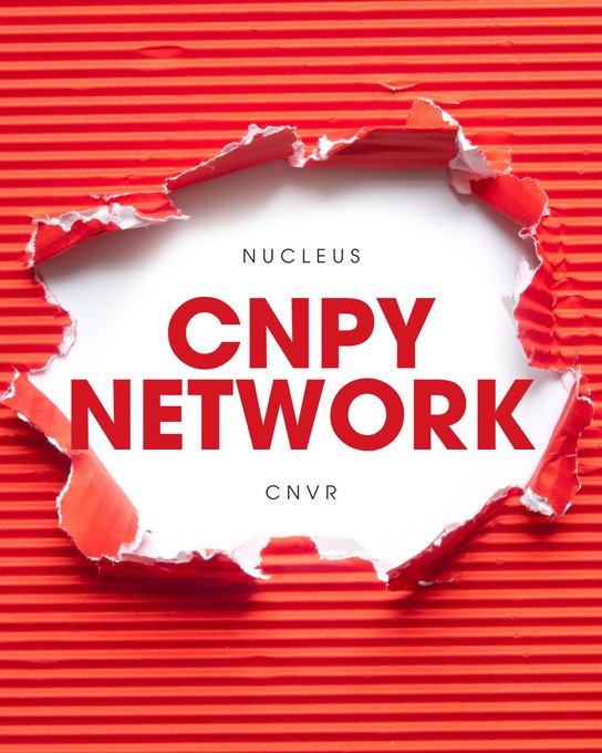 A red and orange corrugated background with a torn hole revealing a white interior displaying the text "NUCLEUS CNPY NETWORK CNVR" in red and black lettering.