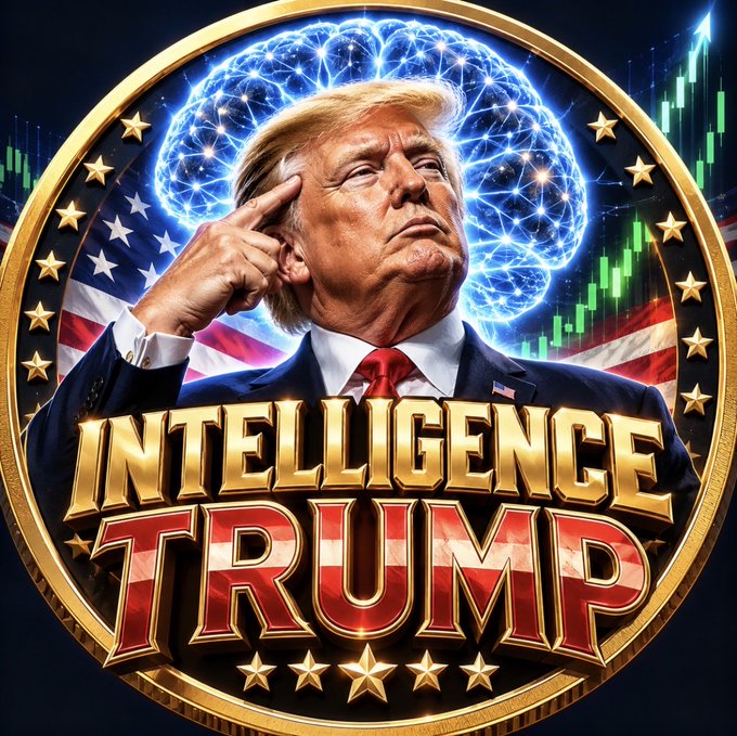 A circular logo featuring Donald Trump with a finger to his temple, surrounded by stars and a brain graphic, with bold text reading 'INTELLIGENCE TRUMP'.