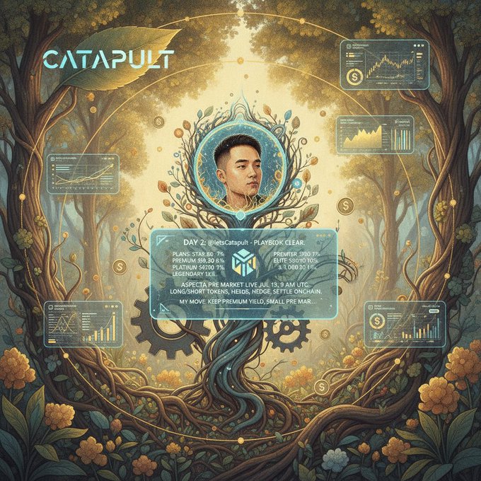 An elaborate fantasy-style digital illustration featuring the Catapult token ($C), with a portrait in a central medallion and a text box detailing 'DAY 2: @letsCatapult - PLAYBOOK CLEAR' and pre-market launch info.