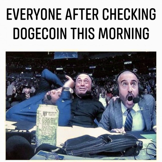 Two shocked sports commentators react with exaggerated surprise at the broadcast desk, captioned "EVERYONE AFTER CHECKING DOGECOIN THIS MORNING," capturing the excitement of DOGE holders waking up to bullish price action and anticipating the $1.00 milestone.