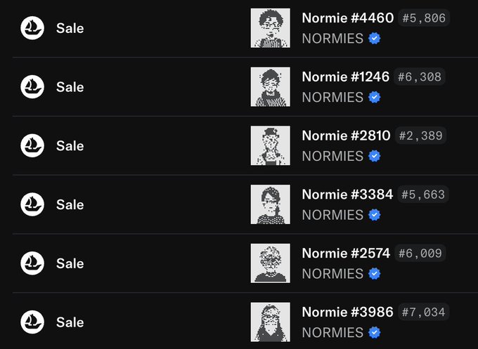 A cryptocurrency marketplace listing showing multiple 'Normie' NFT avatars from the NORMIES collection for sale, each with different token IDs and ETH prices.