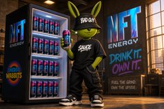 A cartoon mascot wearing bunny ears and a black 'SOLGODS' shirt standing in front of refrigerators and vending machines labeled 'NFT ENERGY' and 'Drink It Own It', with text reading 'FUEL THE FORCE, OWN THE VIBES'.