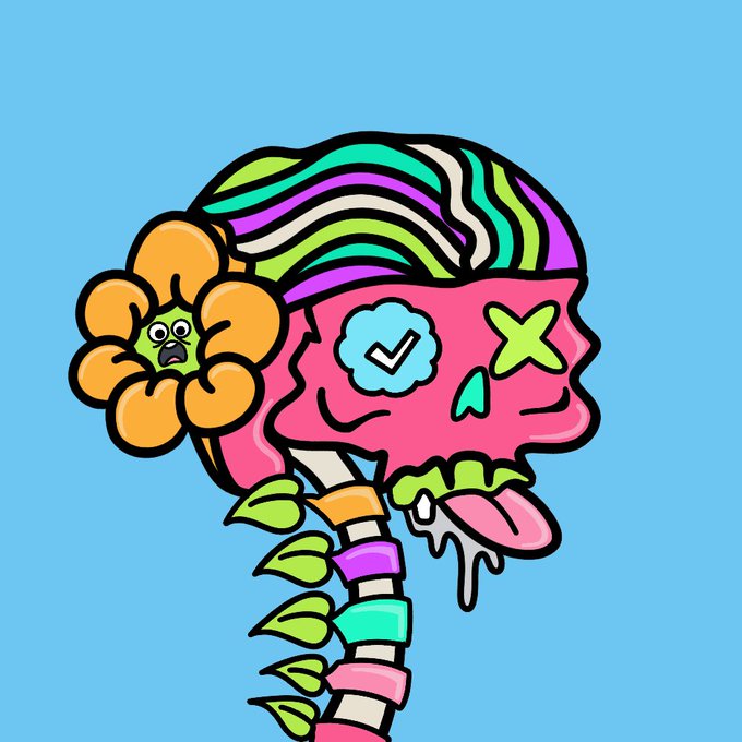 A colorful cartoon skull character with rainbow striped hair, an orange flower, and mismatched eyes on a blue background.