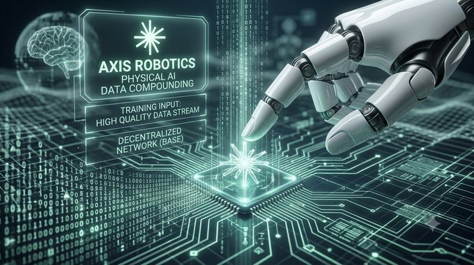 A sci-fi image showing a robotic hand touching a glowing holographic interface labeled 'AXIS ROBOTICS PHYSICAL AI DATA COMPOUNDING', detailing 'TRAINING INPUT: HIGH QUALITY DATA STREAM' and 'DECENTRALIZED NETWORK (BASE)' over a green circuit board background.