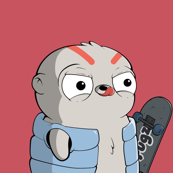 An illustration of a cartoon panda character with an irritated expression wearing a blue vest and holding a skateboard against a red background.