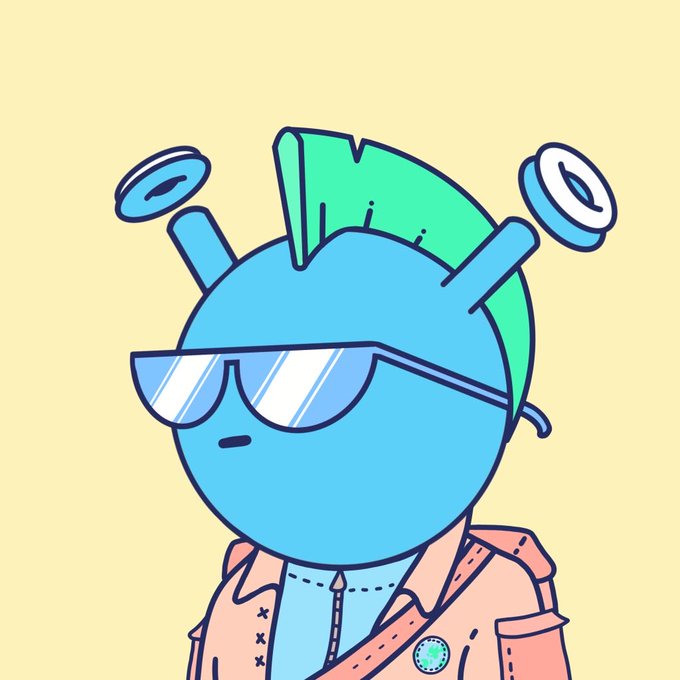 A cartoon character with blue skin, green hair, and antennae with circular ends, wearing sunglasses and a pink jacket.