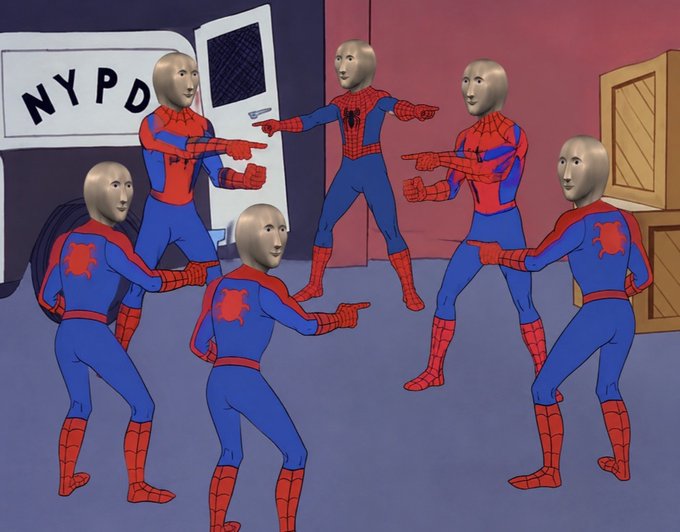 A digital illustration shows multiple identical Spider-Man characters in red and blue suits pointing at each other in a circle, forming a mutual pointing paradox, with an NYPD van in the background.