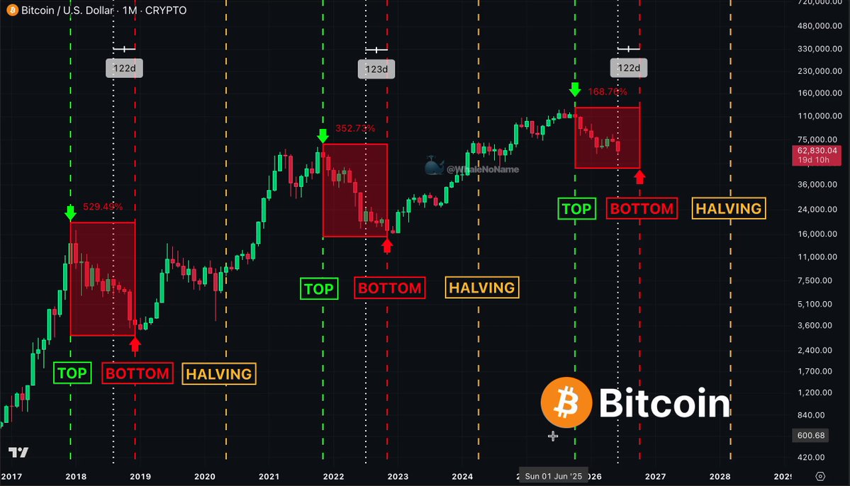 The image shows a chart for Bitcoin with different colored lines representing various price points of Bitcoin over time. The chart features vertical bars at each point, providing information about the price at that specific moment. The title of the chart reads "BITCOIN HITTING BOTTOM YET Let me show you what the chart is actually telling you".