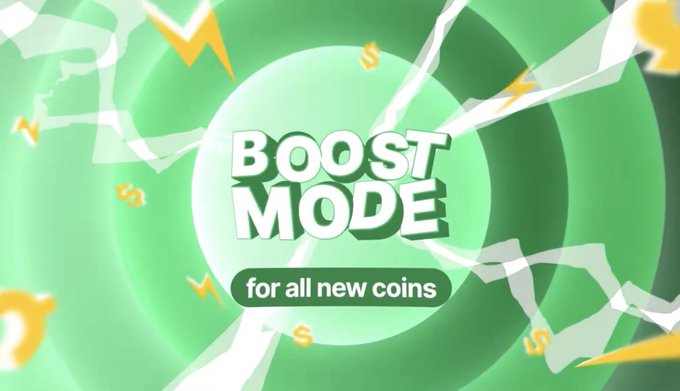 A green promotional graphic featuring bold "BOOST MODE" text with the tagline "for all new coins," surrounded by lightning bolts, dollar signs, and gold coins—visually emphasizing the new PumpFun mechanism that uses graduation liquidity for automated token buybacks and burns.