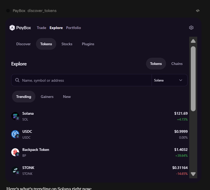 A screenshot of the 'PayBox' crypto platform showing the 'discover_tokens' explore page with trending Solana tokens, including Solana (SOL) at $121.69 (+4.15%), USDC at $0.9999 (0.00%), Backpack Token (BP) at $1.4032 (+39.64%), and STONK at $0.31164 (-14.65%).