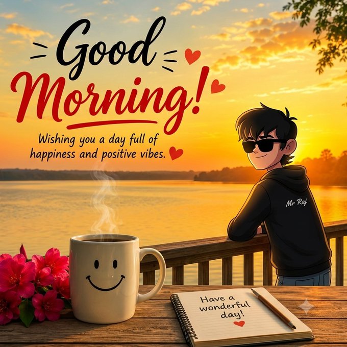 An illustrated 'Good Morning!' greeting card features a smiling boy with sunglasses overlooking a lake at sunset, alongside a steaming smiley-face mug and a notebook reading 'Have a wonderful day!'