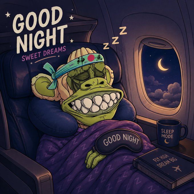 A green cartoon ape wearing a sleep mask and ear muffs sleeps peacefully in an airplane seat with a book titled "FLY HIGH DREAM BIG" and a "SLEEP MODE" mug, while "GOOD NIGHT SWEET DREAMS" appears in the sky and a "GOOD NIGHT" eye mask covers its eyes. The cozy nighttime scene ties into the post's "GN" (good night) greetings to crypto, NFT holders, apes, and believers.