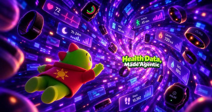 A promotional graphic featuring a green dinosaur character in a red shirt flying through a vibrant purple tunnel surrounded by health data widgets showing metrics like heart rate (72 bpm), sleep (7h 24m), steps (10,392), calories (720 kcal), and activity (45 min), with the text "Health Data, Made Agentic" displayed prominently.
