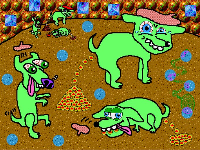 A chaotic, surreal digital illustration featuring several bright green cartoon dogs with exaggerated expressions, surrounded by colorful bubbles, small red and yellow circular objects, and a textured brown background.
