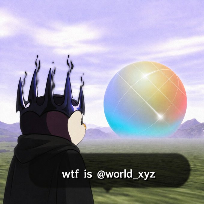 A hooded figure wearing a spiked crown gazes up at a glowing rainbow orb in a surreal landscape, with the caption "wtf is @world_xyz" — suggesting bewildered awe at a powerful new "World" entity, echoing the post's reference to the Solana superteam being summoned.