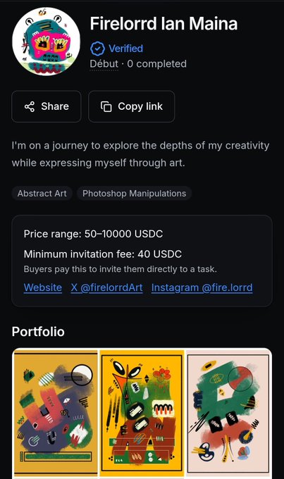 A profile page for 'Firelorrd Ian Maina' (Verified, Début - 0 completed), an abstract artist and Photoshop manipulator with a price range of 50-10000 USDC and a minimum invitation fee of 40 USDC, showing a portfolio of abstract artworks below.