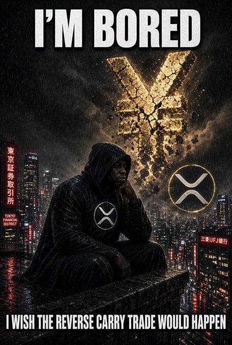 A meme depicting a hooded figure sitting on a rooftop in a rainy Tokyo Financial District with a glowing XRP (¥) symbol in the sky, captioned 'I'M BORED' and 'I WISH THE REVERSE CARRY TRADE WOULD HAPPEN'.