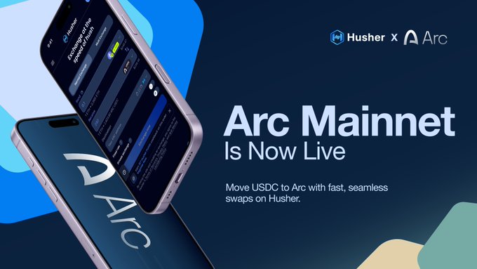 A promotional banner announces that "Arc Mainnet Is Now Live," featuring the Husher and Arc logos alongside smartphones displaying a crypto exchange interface for swapping USDC to Arc. The tagline reads, "Move USDC to Arc with fast, seamless swaps on Husher," highlighting the integration of Arc with the Husher.io exchange platform.