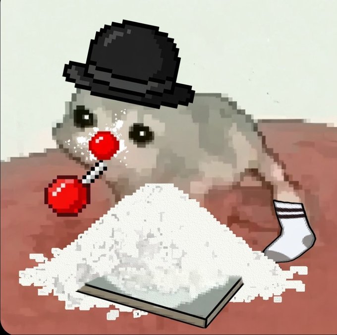 A pixel-art illustration of a cat wearing a black hat, holding a red mallet, and surrounded by a pile of white powder on a tray.