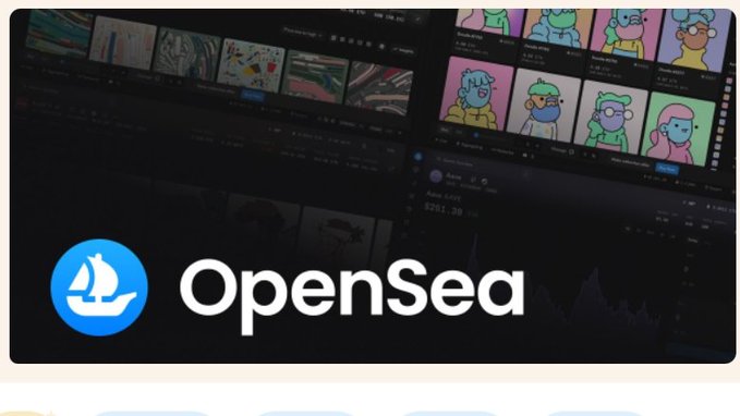 OpenSea logo displayed on a dark interface showing NFT artwork collections.
