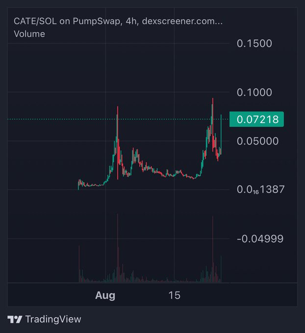 The chart shows CATE/SOL on PumpSwap at a 4h timeframe, with the current price highlighted at 0.07218 after recovering from two major dips visible on the chart. The candlestick pattern illustrates the token's resilience, supporting the post's claim that strong community backing has helped $CATE bounce back stronger following the dips.