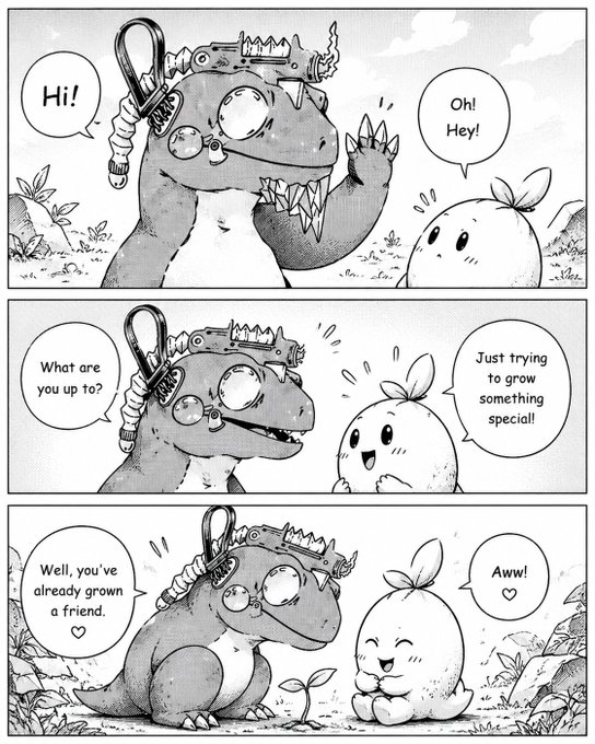 Black and white manga comic strip featuring a dinosaur-like creature greeting a small sprout character, with dialogue 'Hi!', 'Oh! Hey!', 'What are you up to?', 'Just trying to grow something special!', 'Well, you've already grown a friend.'