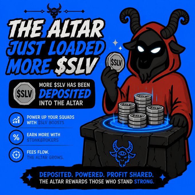 A blue promotional graphic featuring a hooded goat-like figure holding a coin, advertising 'The Altar' loading more '$SLV' tokens, with text about depositing $SLV, powering squads with boosts, earning with $Stonkbrokers, and the tagline 'Deposited. Powered. Profit Shared.'