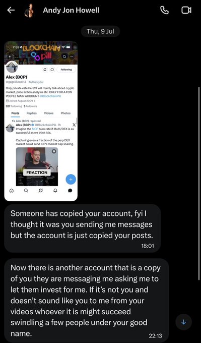 A screenshot of a WhatsApp message from Andy Jon Howell showing a tweet from "Alex (BCP)" with a counterfeit ICP airdrop giveaway disguised as a "Blockchain Pill" promo, warning that impersonator accounts are copying the real profile's posts and DM-ing users to lure them into fraudulent investments. The attached context matches the warning, noting multiple $ICP-related scam accounts that have been duplicating posts to swindle followers under the legitimate account's name.