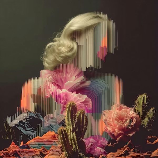 A surreal digital collage featuring a fragmented portrait of a woman with blonde hair, where her body dissolves into vertical stripes revealing pink flowers, cacti, and an orange topographic landscape.