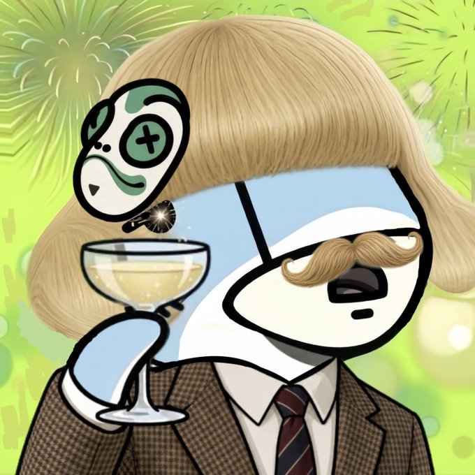 A cartoon character with a blonde bob haircut, mustache, and suit holding a glass of wine, with a floating X-style icon nearby.