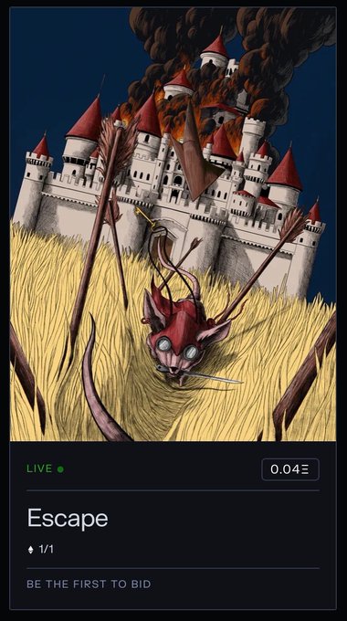 An NFT listing titled 'Escape' showing an illustrated scene of a castle under siege with flames and smoke, featuring a fallen warrior and a horned creature in tall grass, priced at 0.04 ETH with a 'BE THE FIRST TO BID' label.