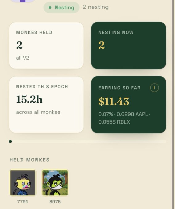 A dashboard shows 'Nesting' status with 2 'Monkes Held' and 'Nesting Now', featuring an 'Earning So Far' of $11.43 from 0.07%, 0.0298 AAPL, and 0.0558 RBLX across held monkes #7791 and #8975.