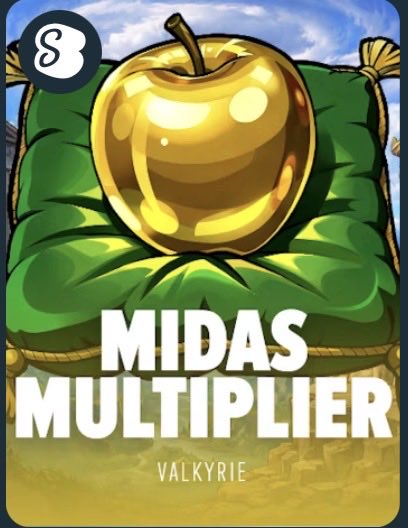 A promotional graphic for the game "MIDAS MULTIPLIER" by Valkyrie, featuring a shiny golden apple on a green cushion with the "S" logo in the corner. The image aligns with the post by showcasing the featured game that the tipper is giving away prizes for, matching the "Midas" theme with its golden imagery.