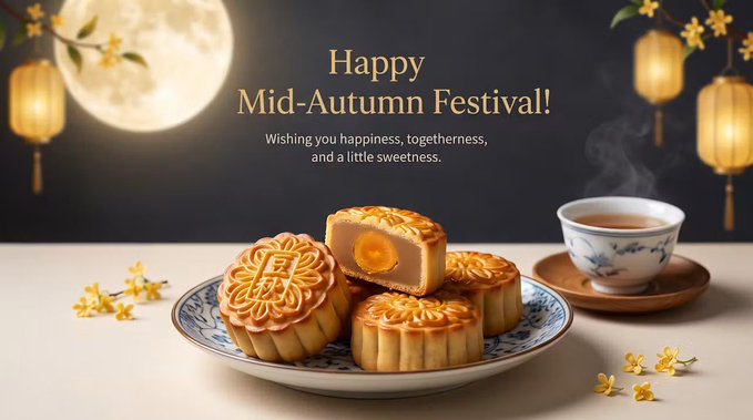 A Mid-Autumn Festival greeting card displays mooncakes on a plate beside a cup of tea, with the text 'Happy Mid-Autumn Festival! Wishing you happiness, togetherness, and a little sweetness.' beneath a full moon.
