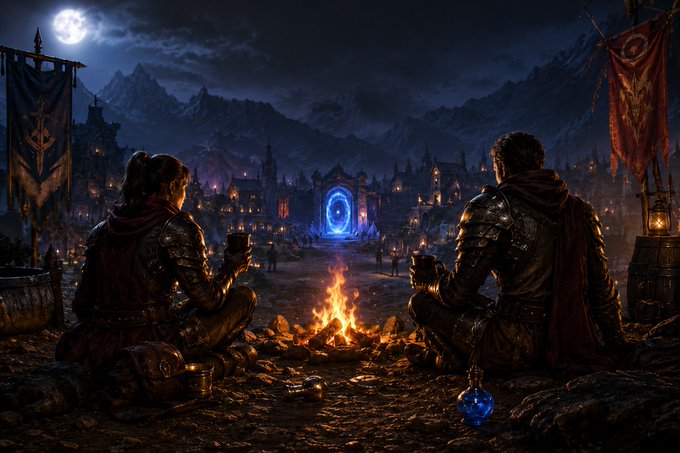 Two armored adventurers sit by a crackling campfire at night, gazing out over a medieval fantasy town illuminated by lanterns, with a glowing blue portal and a full moon dominating the dramatic landscape. The scene captures the atmospheric, co-op fantasy adventure setting being teased in the Lost Relics Game playtest announcement.